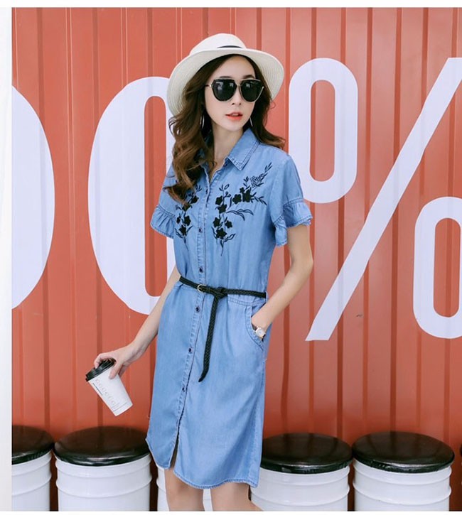 ĐẦM JEAN SUÔNG CỔ SƠ MI TAY LOE THÊU HOA